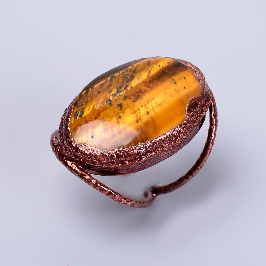 Tiger Eye Stone Eternity Electroformed Sacral Chakra Sisters Gift Ring Copper V-68