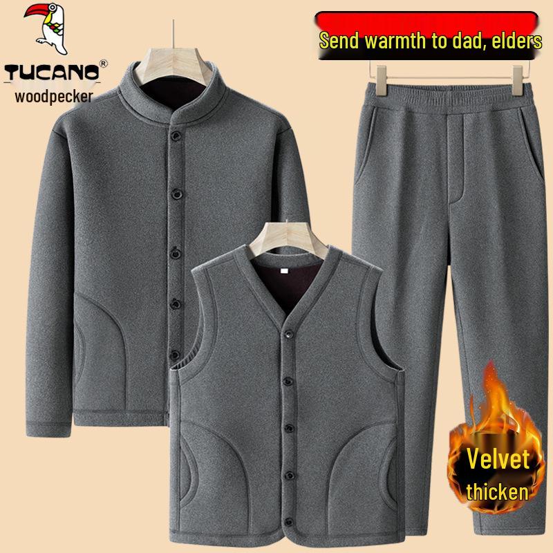 Woodpecker Dad Winter Fleece-Lined Men's Three-Piece Set: Thickened Cotton Coat, Vest, and Cardigan Jacket for Middle-Aged and Elderly.
