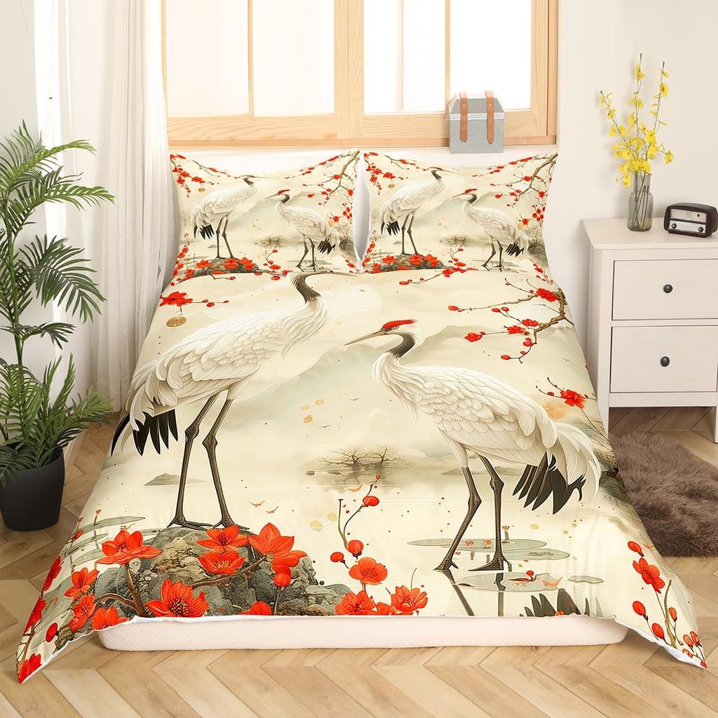 White Crane Down Duvet Cover Queen King Size Wild Bird Animal Bedding Set Ink Painting Quilt Cover Trees Branches Plants 3 Pcs