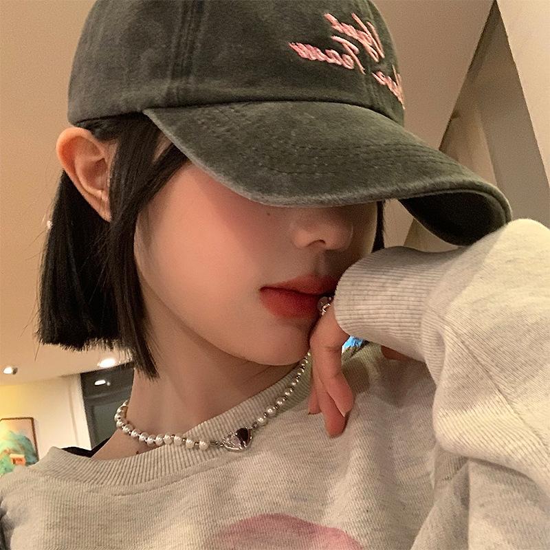 

Letter Embroidered Washed Denim Baseball Cap for Women, Spring/Summer Japanese Style, Large Head Circumference, Wide Brim, Face-Slimming Hat Adjustable