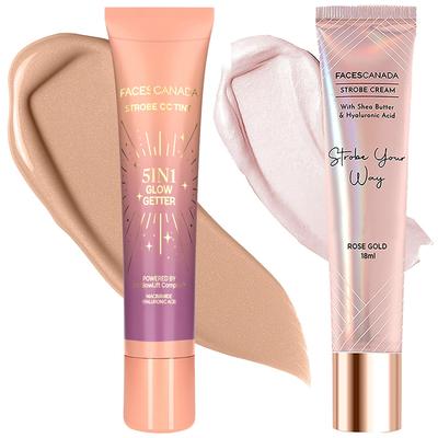 FACES CANADA Brightening Duo 2 - Strobe Cream - Rose Gold, 18ml + Strobe CC Tint Mini - Sunset Glaze 02, 18ml | Radiant Dewy Glass Skin Glow | In