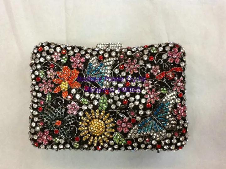 

Boutique De FGG Butterfly & Flower Clutch Women Brown Crystal Evening Bags Wedding Bridal Rhinestone Handbag Party Dinner Purse Mini Clutch