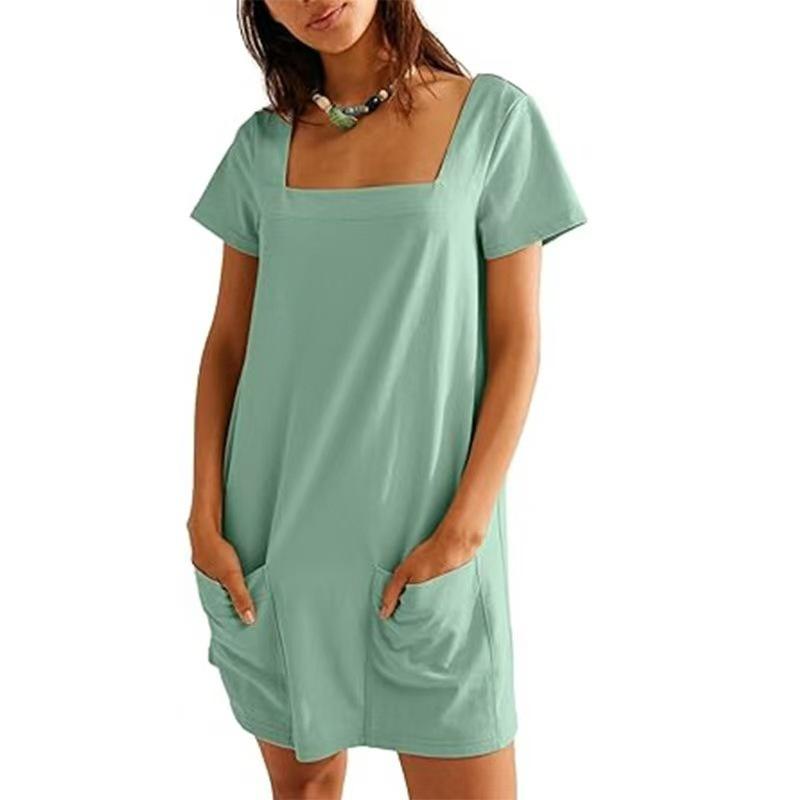 Women's Square-neck Short-sleeved Fashionable Short Skirt Pocket Casual Dress