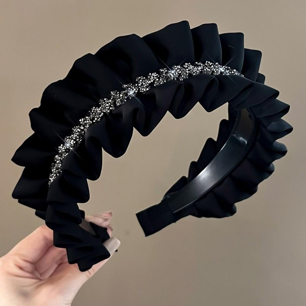 Wide Black Hairband Rhinestone Wrinkle Headband Retro Women Hair Hoop  Funeral