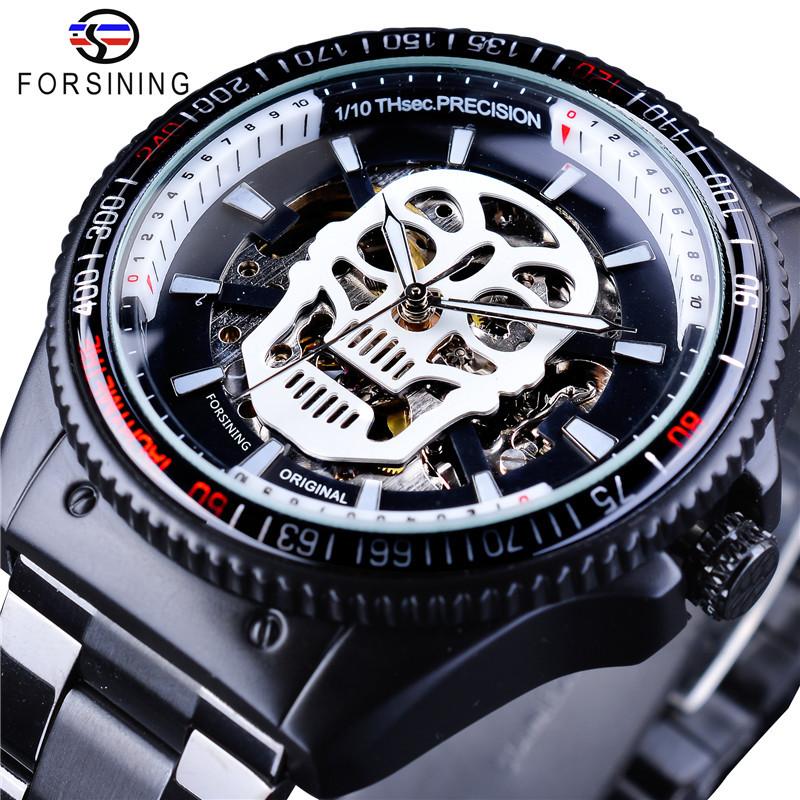 Forsining Men's Fashion Openwork Luminous Waterproof White Skull Mechanical Watch