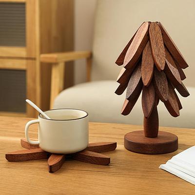 Wooden Tree Trivets Folding Heat Resistant Wood Christmas Tree Teapot Coaster Tabletop Protection Hot Pot Coaster Home Decor
