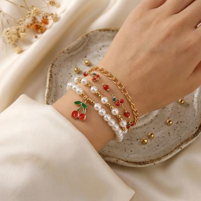 Sweet Cherry Imitation Pearl Bracelet Set for Women Multilayer Y2K Stackable Beaded Chain Party Wristband Jewelry Valentine Gift