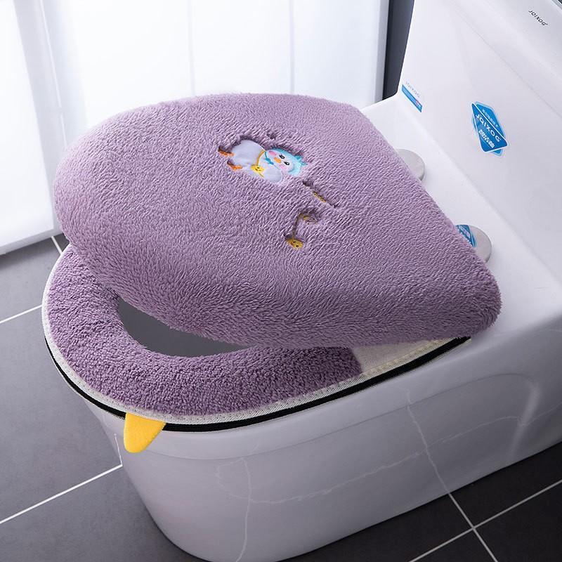 Soft Plush Toilet Seat Cover Set With Lid 2-Piece Winter Fall Bathroom Accessory Home Use