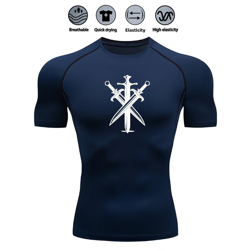 Men's Compression Shirt Quick Dry Navy Blue Gym T-Shirt Three Crossed Swords Print Workout Sportswear