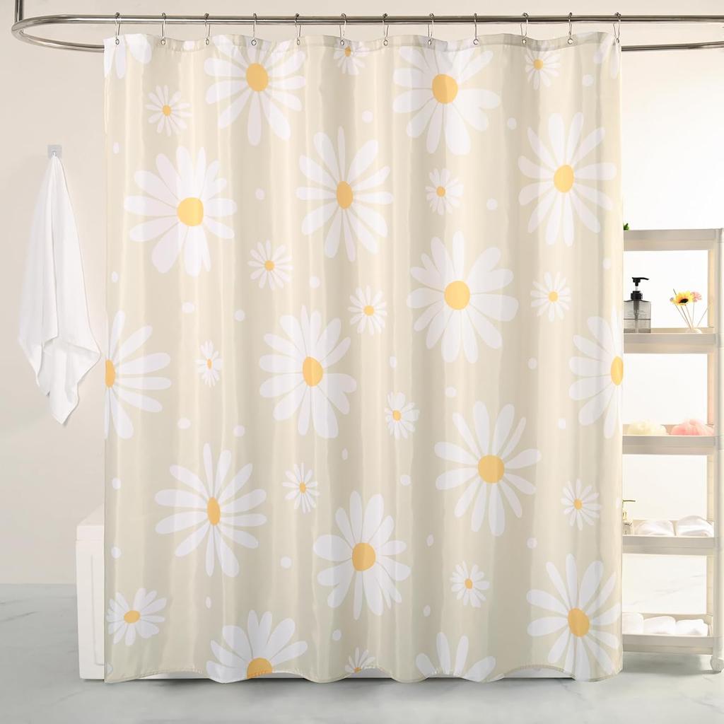 Pink Floral Shower Curtain Set Cute Daisy Girly Bathroom Curtain, Modern Aesthetic Decor Colorful Flower Shower Curtain