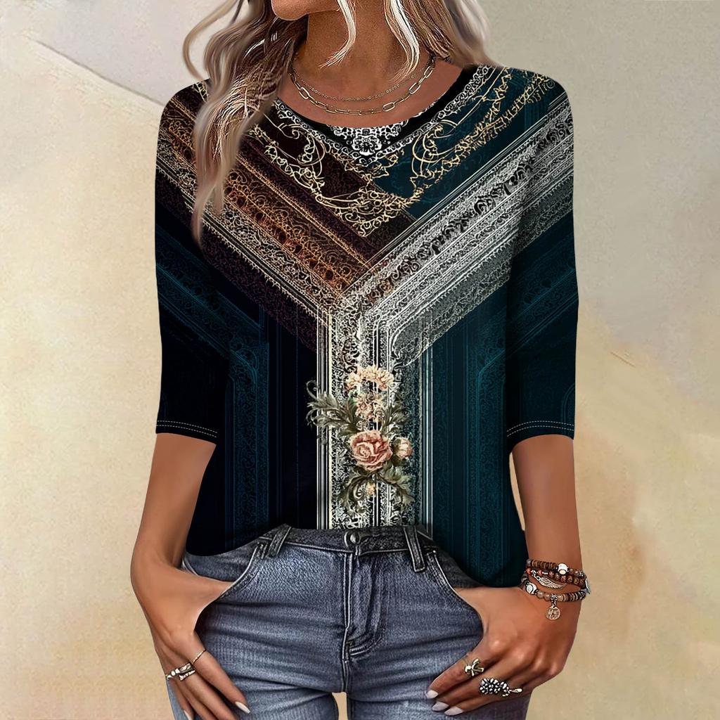 Módní vintage top s 3/4 rukávem pro ženy, dámská ležérní halenka s tříčtvrtečním rukávem a kulatým výstřihem s potiskem