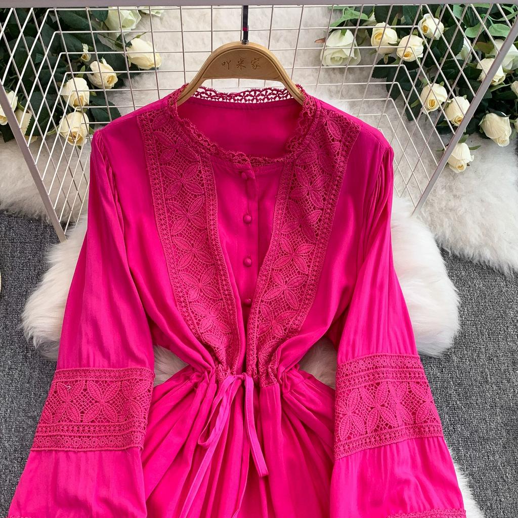 Lace Patchwork Round Neck Long Sleeved Dress for Women In Spring  Autumn Buttoned Drawstring Waist Cinching Slimming Cake Women Dress