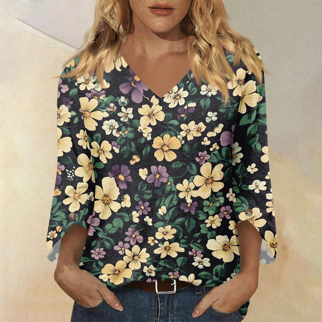 Womens V Neck Three Quarter Sleeve Floral Print Casual Loose Fit Top Comfortable Lightweight Blouse for Daily Wear Office and Travel