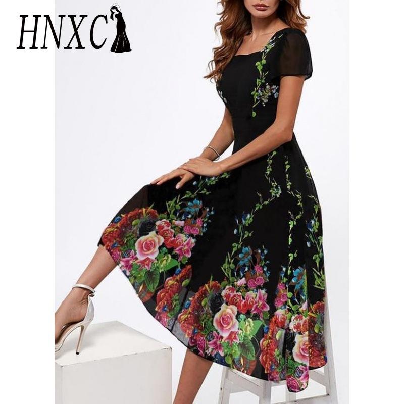 

HNXC Летнее женское элегантное вечернее платье с цветочным принтом, U-образным вырезом и короткими рукавами XXXL