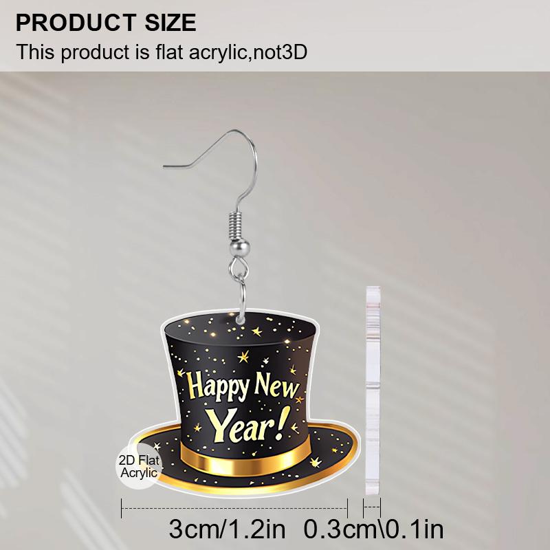 2D Flat Happy New Year Bowler Hat Dangle Earrings, Lightweight Acrylic Material, Ideal for Party Gifts, Jewelry, and New Year Gifts.