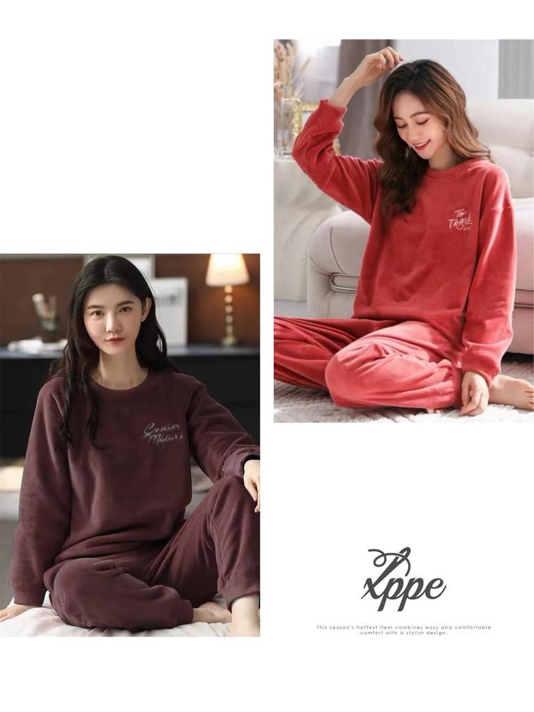 Pajama Embroidered Elastic Flannel Top and Warm and Long Logo Elastic Open Long Elastic Loose Casual Fashion for and Winter [xppe] Women's Set, Pants,