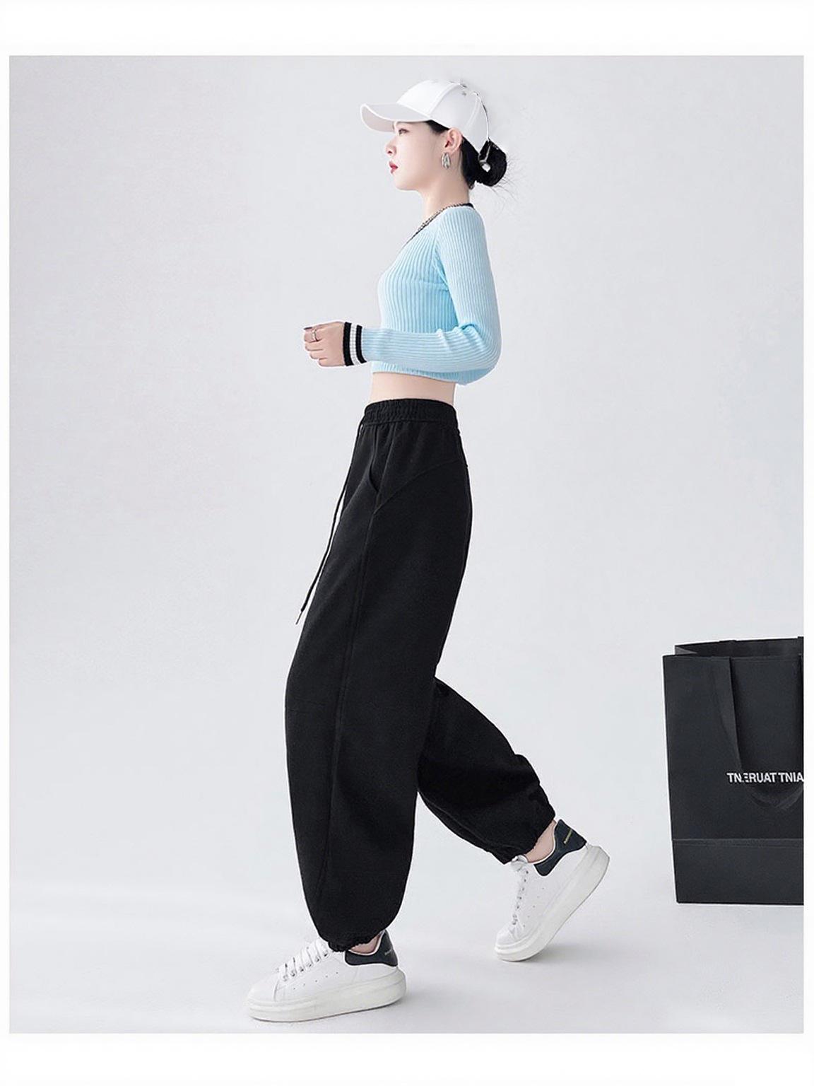 

2025 Women s Black Fleece-Lined Joggers - Loose Wide-Leg Sweatpants for Spring & Autumn S чорний