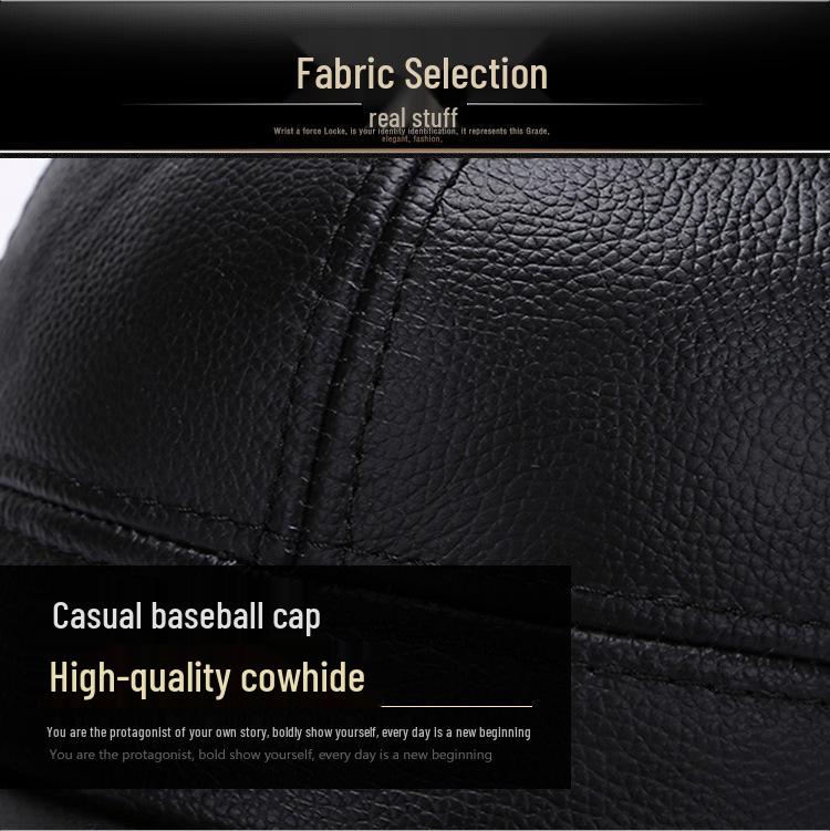 Genuine Leather Cowhide Baseball Cap with Ear Flaps, Adjustable Fleece-Lined Winter Duckbill Hat for Middle-Aged and Elderly Men.