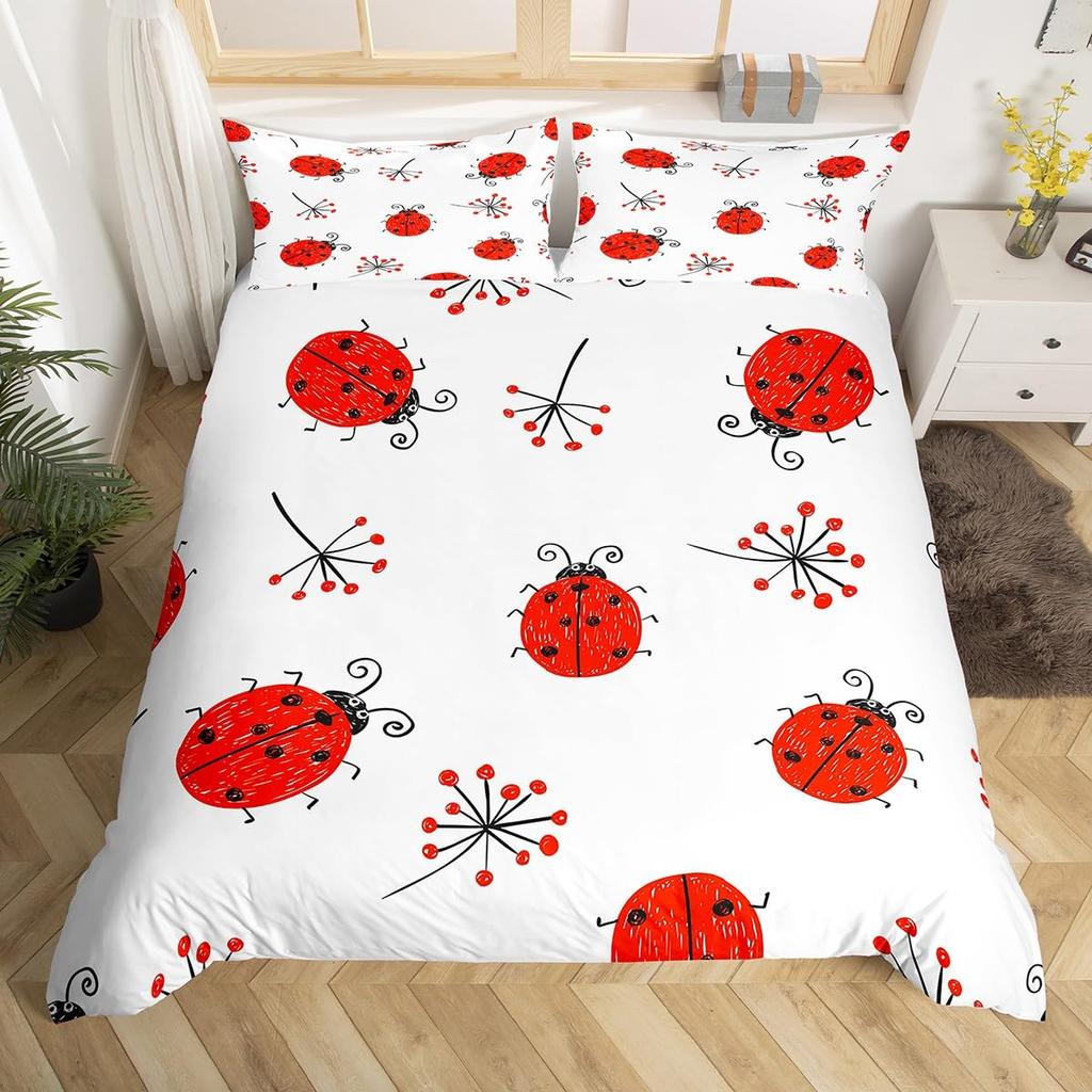 Comforter Ladybug Comforter Set Ladybug On Green Leaf Wild Wildlife Theme Microfiber Bedding Set 3Pcs For Kids Teens