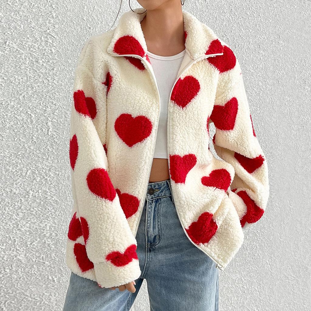 Cardigan Lungo Invernale da Donna Morbido con Zip e Stampa Cuori in Peluche