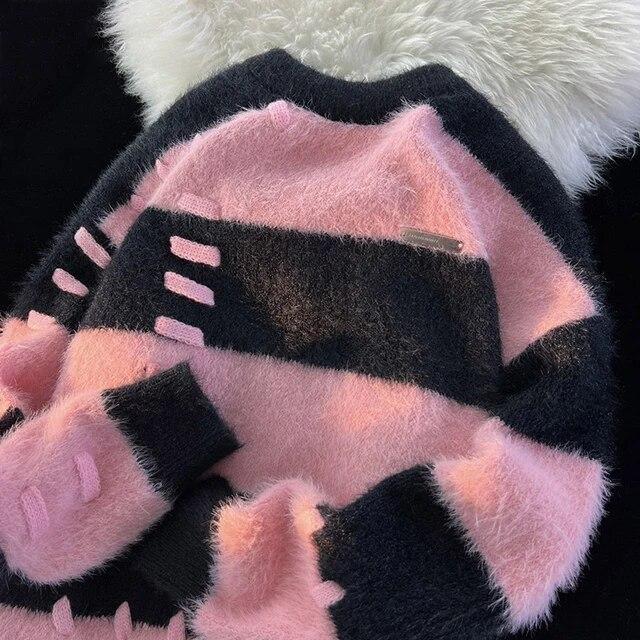 

Женский полосатый свитер 2023, зимняя мода, корейский стиль, свободный вязаный топ с длинными рукавами, повседневный женский уличный пуловер, новый 2XL чёрный