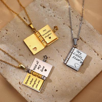 18K Gold Plated Stainless Steel Engravable Book Pendant Necklace - European American Fashion Jewelry