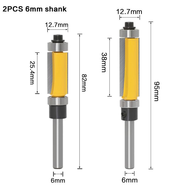 1/2 Stück 6 mm 1/4-Zoll-Schaft-Schablonen-/Trim-Fräser mit 2 Zoll langen Fräsern oben und unten, Kugellager, Holzbearbeitungswerkzeug