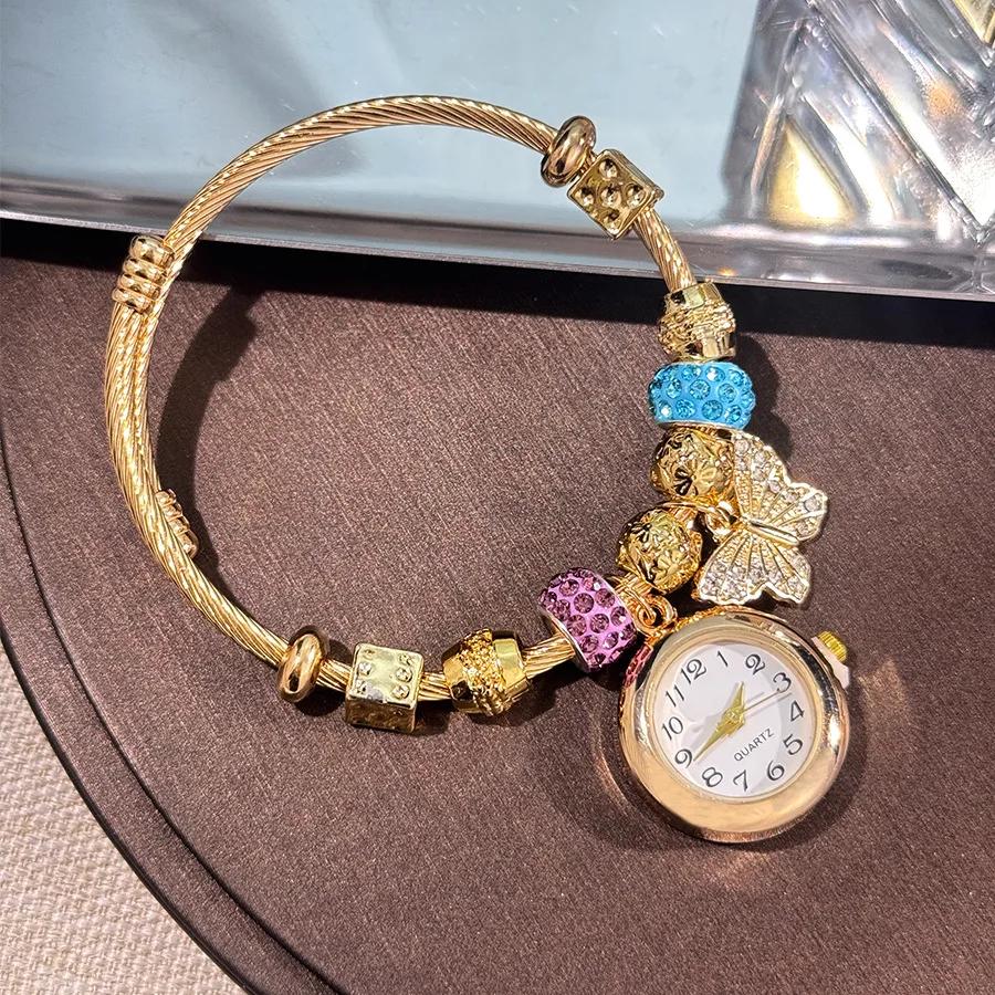 

Изысканные золотые женские часы-браслет, регулируемый браслет из сплава с открывающимся элементом, кварцевые наручные часы, модные аксессуары с бусинами