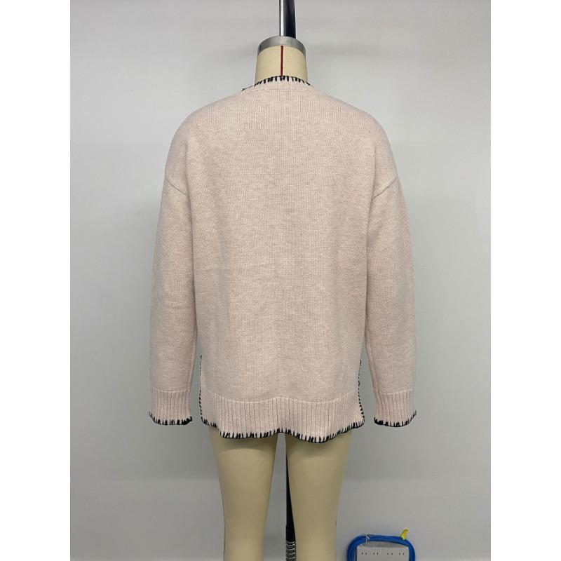 Autumn Winter Round Neck Patchwork Loose Casual Sweater Women Fashion Simple Bottomed Knitting Pullover Top