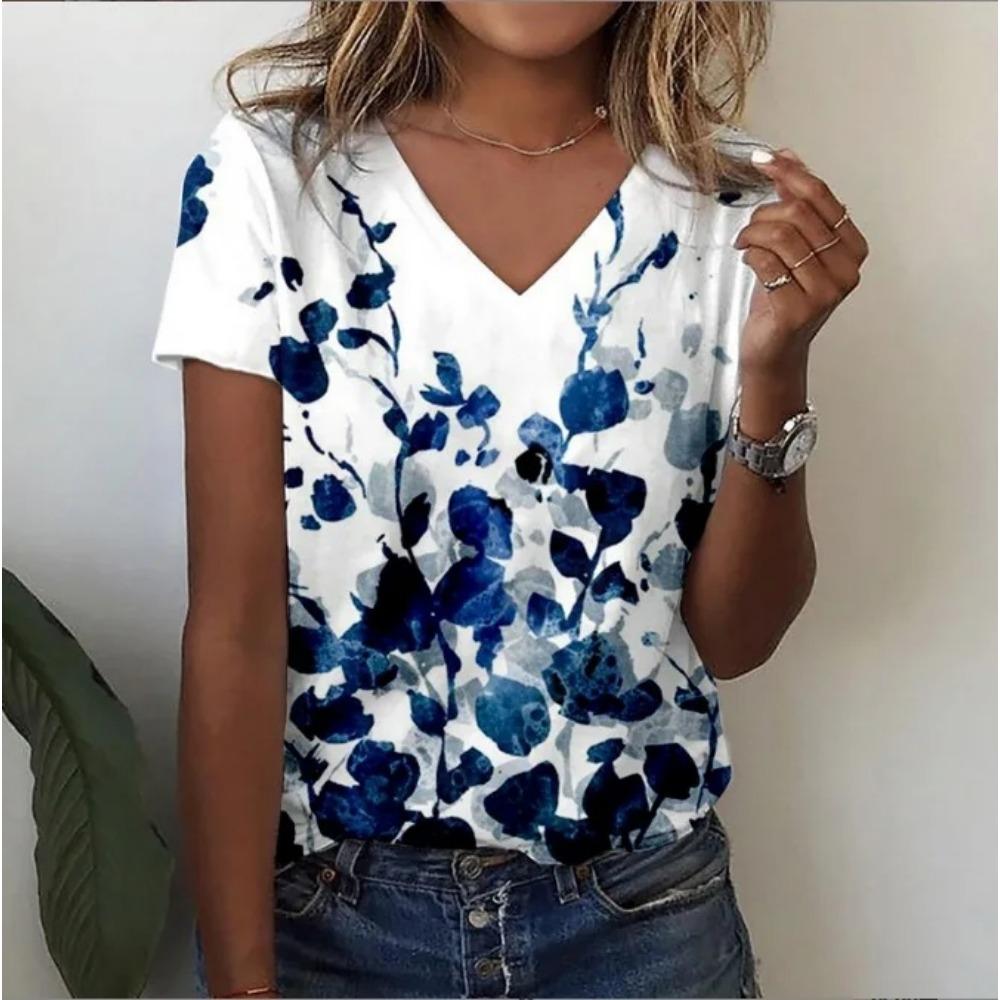 Summer New Style Floral 3D Print Casual V-Neck Women Short Sleeve Comfortable Polyester Fiber Fashion