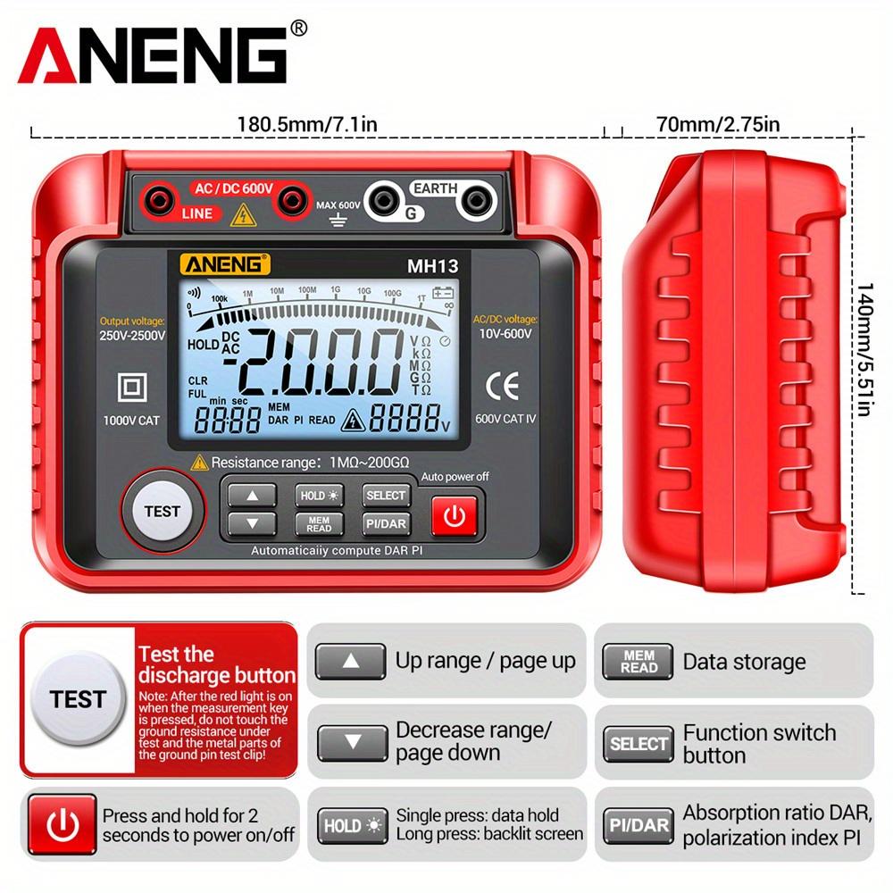 2500V Digital Insulation Resistance Megohmmeter 200G AC DC Voltage Tester Cable Generator Motor Electrical Insulation Testing with Digital Display