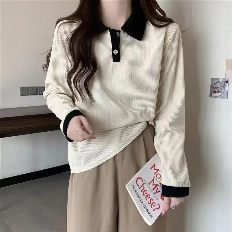 Spring and Autumn Casual Women T-shirts Korean Sweet Tops Female Long Sleeve Turn Down Collar Basic Pullovers Tees