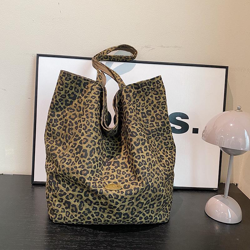 Leopard Print Double-Sided Canvas Tote - Large Capacity College Style Shoulder Bag