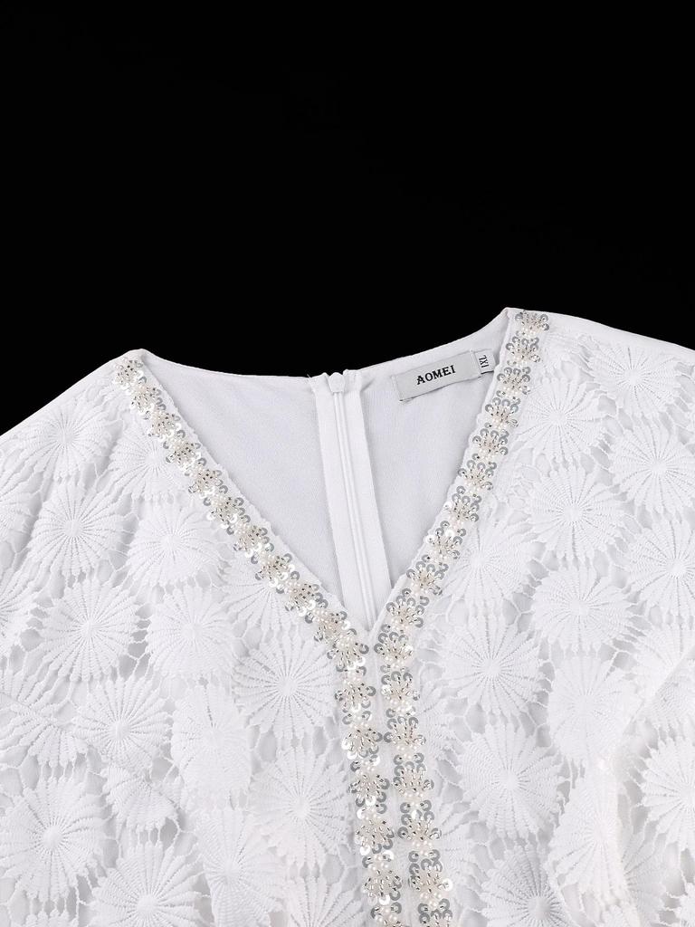 Weißes Spitzen-Chiffon-Kleid für Damen in Übergröße mit V-Ausschnitt, Fledermausärmeln & taillierter Taille für Hochzeiten oder Partys