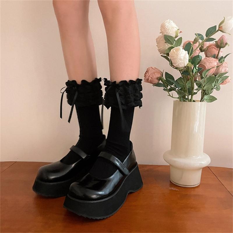 1 Pair Princess Style Dress Socks for Girls Sweet Frilly Socks Ballet Socks Ruffle Ankle Socks with Bows Lace Top Sock