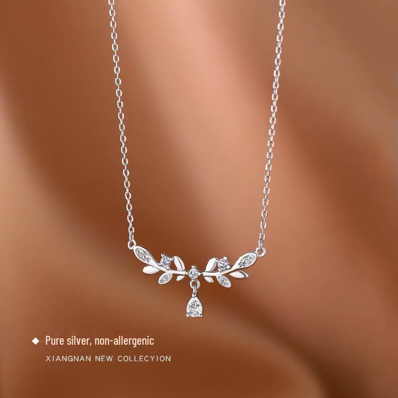 Bay Leaf Goddess Necklace: S925 Sterling Silver, Forest Style Flower Branch Pendant with Wheat Ear Element.