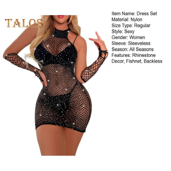 Women Nightdress Gloves Set See through Hollow Out Fishnet Lace Shiny Rhinestone Decor Sheath Skinny Backless Bedroom Honeymoon Sleepwear