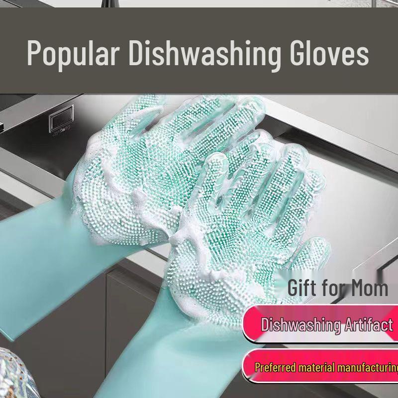 Durable Fleece-Lined Silicone Dishwashing Gloves - Non-Slip, Thickened for Household Scrubbing & Cleaning