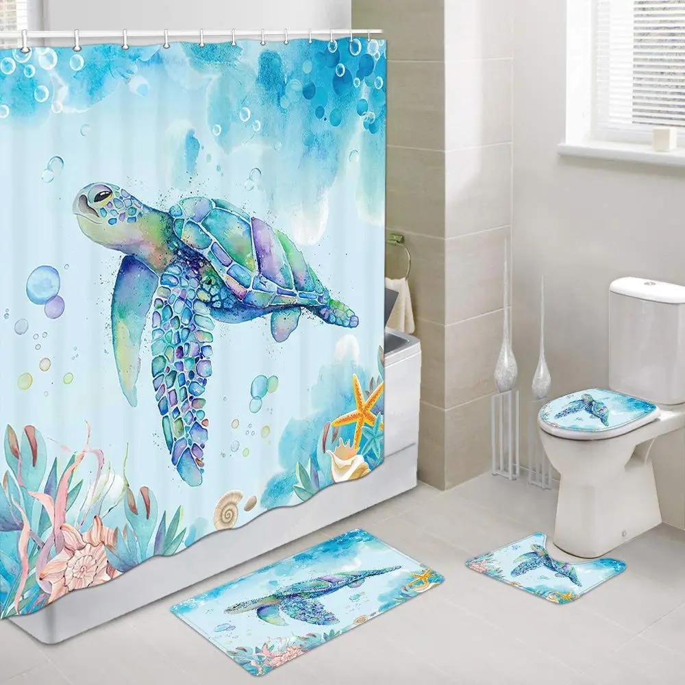 Sea Turtle Shower Curtain Set Bathroom Rug And Accessories Ocean Nautical Shower Curtain Set With Hook Durable Waterproof Fabric