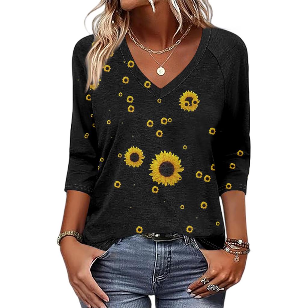 Women's V Neck 3/4 Sleeve Tops Casual T Shirts Basic Summer Tees Loose Fit Fall Pullover Tunic