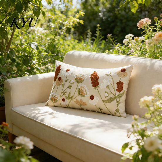 Washable Living Room Cushion Covers Floral Embroidered Cover, Decorative Throw Pillow Square Shams Farmhouse Cover for Sofa Couch Elegant Summer