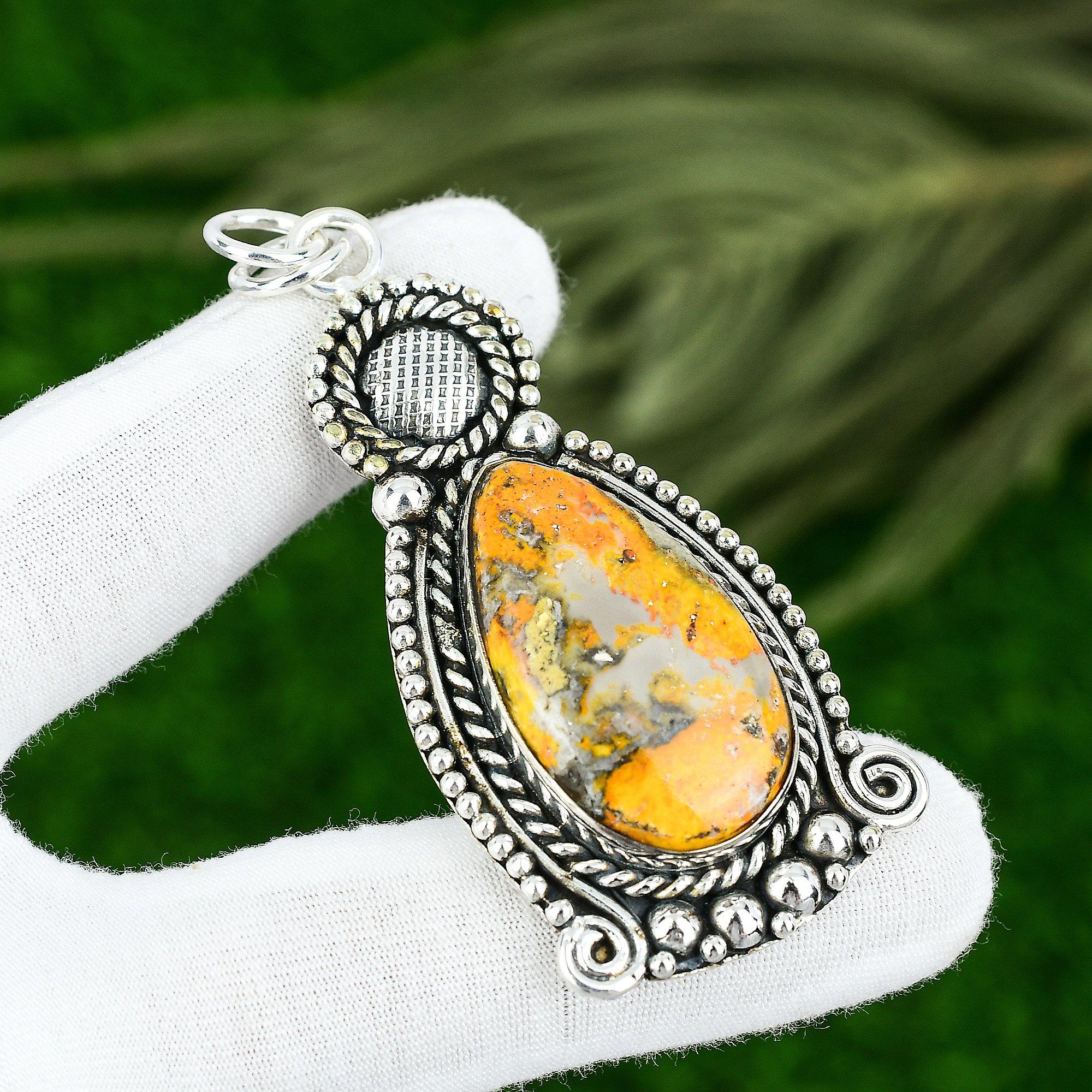 

Pear Bumble Bee Jasper Stone 925 Silver Anniversary Wife Birthday Bezel Pendant