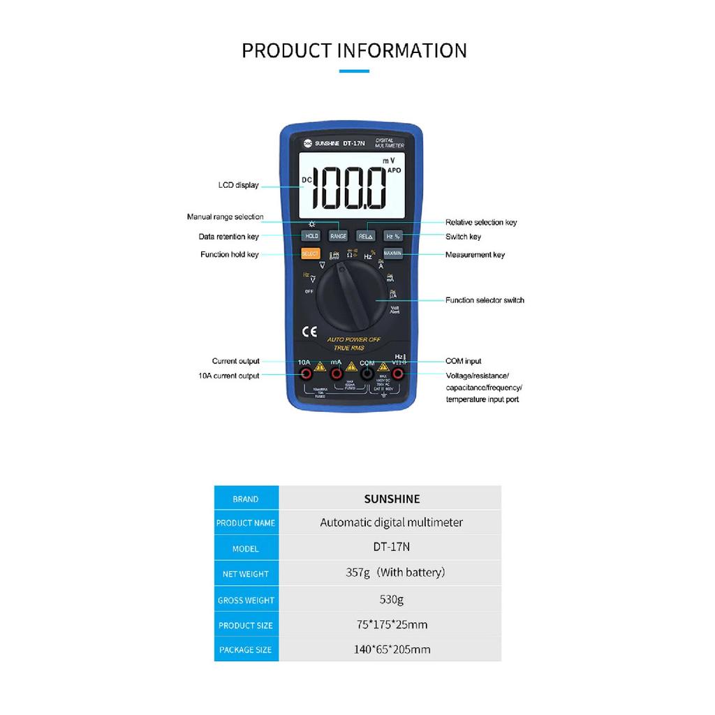 SUNSHINE DT-17N Fully Automatic Digital Multimeter with LCD Display Auto Identification Range Test Repair Instrument