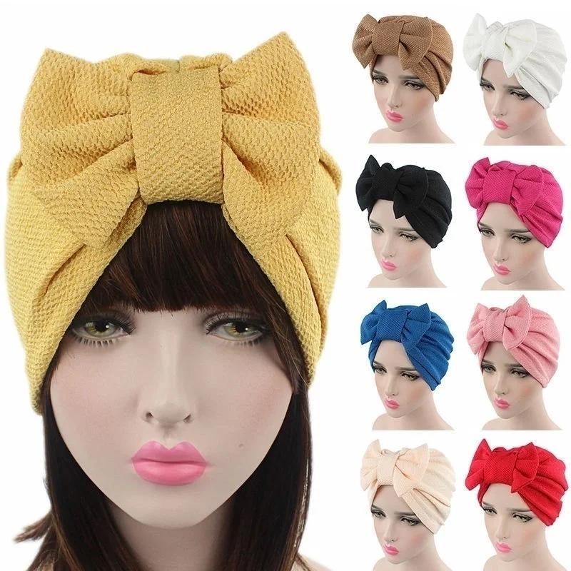 Fashion Women Big Bow Turban Hat Headdress Bow Knot Bonnet Hat Chemo Hair Cap Soft Snood Hat