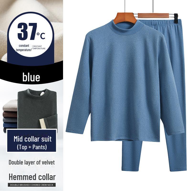 Men's Two-Color German Velvet Warm Suit: No-Pill V-Neck/Round Neck Top & Bottom Set for Autumn/Winter.