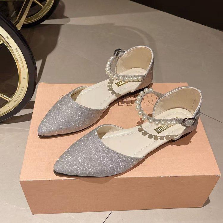 Fairy flat bottom pointed pearl sandals with one word sweet with skirt hollow bridesmaid bag heel with skirt single shoes