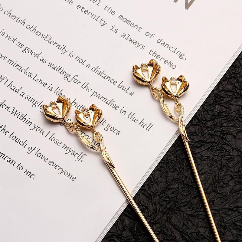 Retro Alloy Flower Branch Hairpin Diy Antique Hanfu Step Hairpin Electrophoresis Electroplating Double-Headed Hairpin