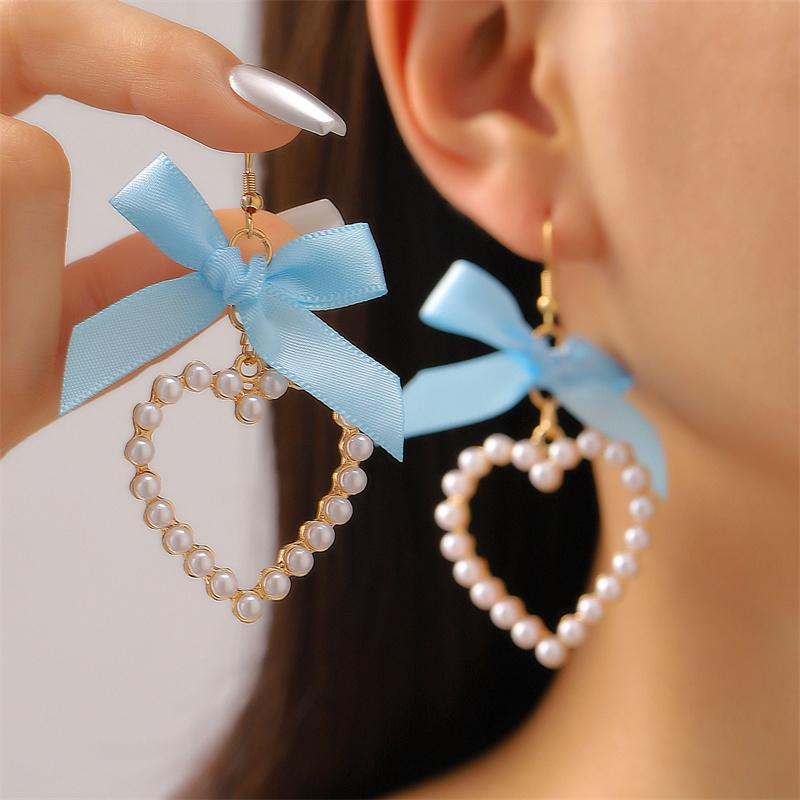 Fashion Sweet Love Heart Bowknot Pendant Hoop Earrings Harajuku Y2k Ribbon Bow Pearl Earings For Women Zircon