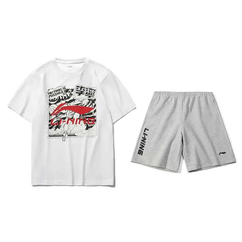 

Li-Ning Fashion Cartoon Print Short Sleeve T-Shirt And Elastic Waist Mid-Length Shorts Casual Sports Set Unisex sets AHSUA21-1+YKSV131-1 M