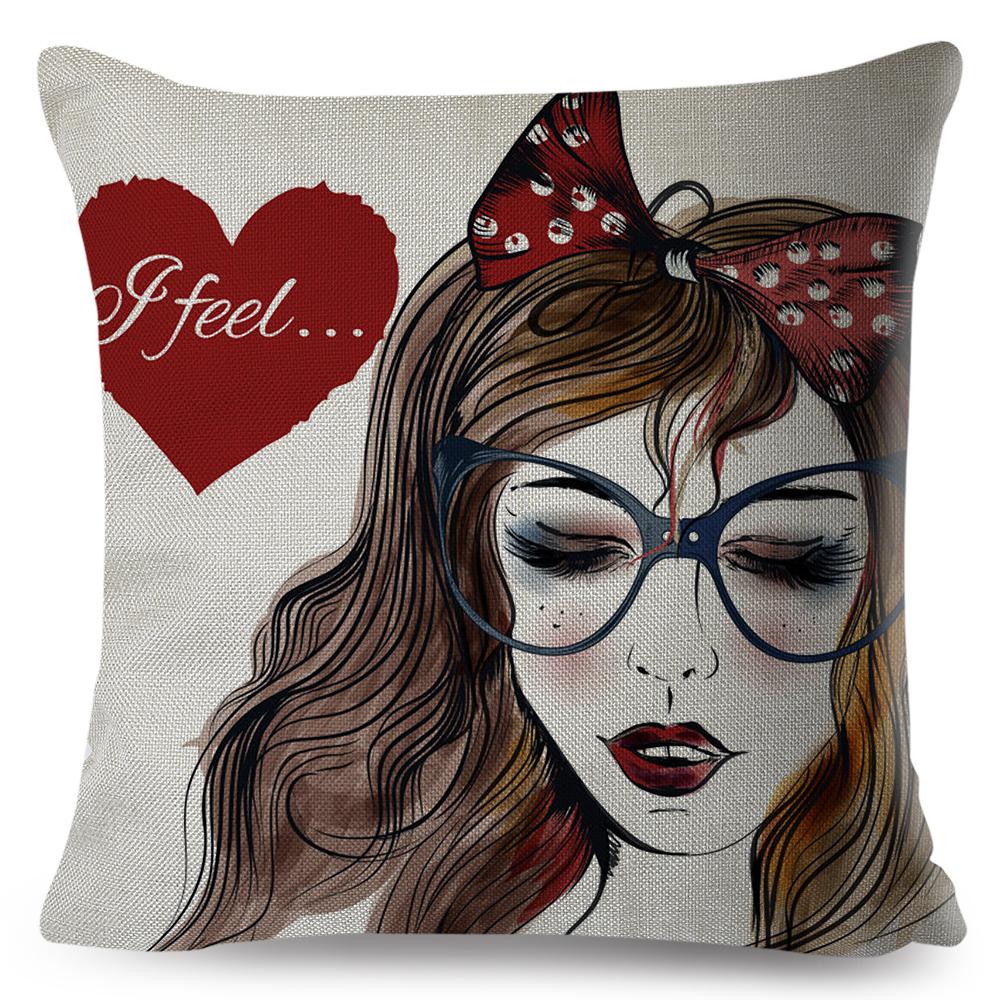 Fashion Woman Art Pillowcase Double Print Boho Lady Cushion Cover Soft Plush Portrait Pillowcase Home Decor